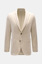 Front view of Boglioli Beige Melange Knit Blazer, slim fit with notched lapel, two-button style, patch hip pockets, and soft silk-cashmere blend knit texture.