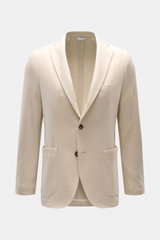 Front view of Boglioli Beige Melange Knit Blazer, slim fit with notched lapel, two-button style, patch hip pockets, and soft silk-cashmere blend knit texture.