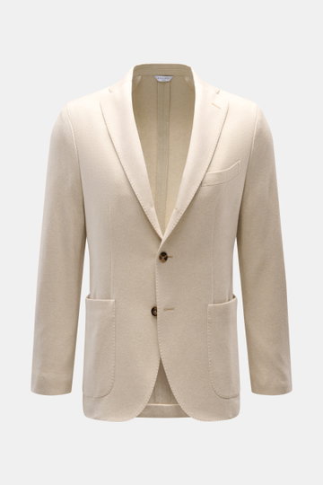 Front view of Boglioli Beige Melange Knit Blazer, slim fit with notched lapel, two-button style, patch hip pockets, and soft silk-cashmere blend knit texture.