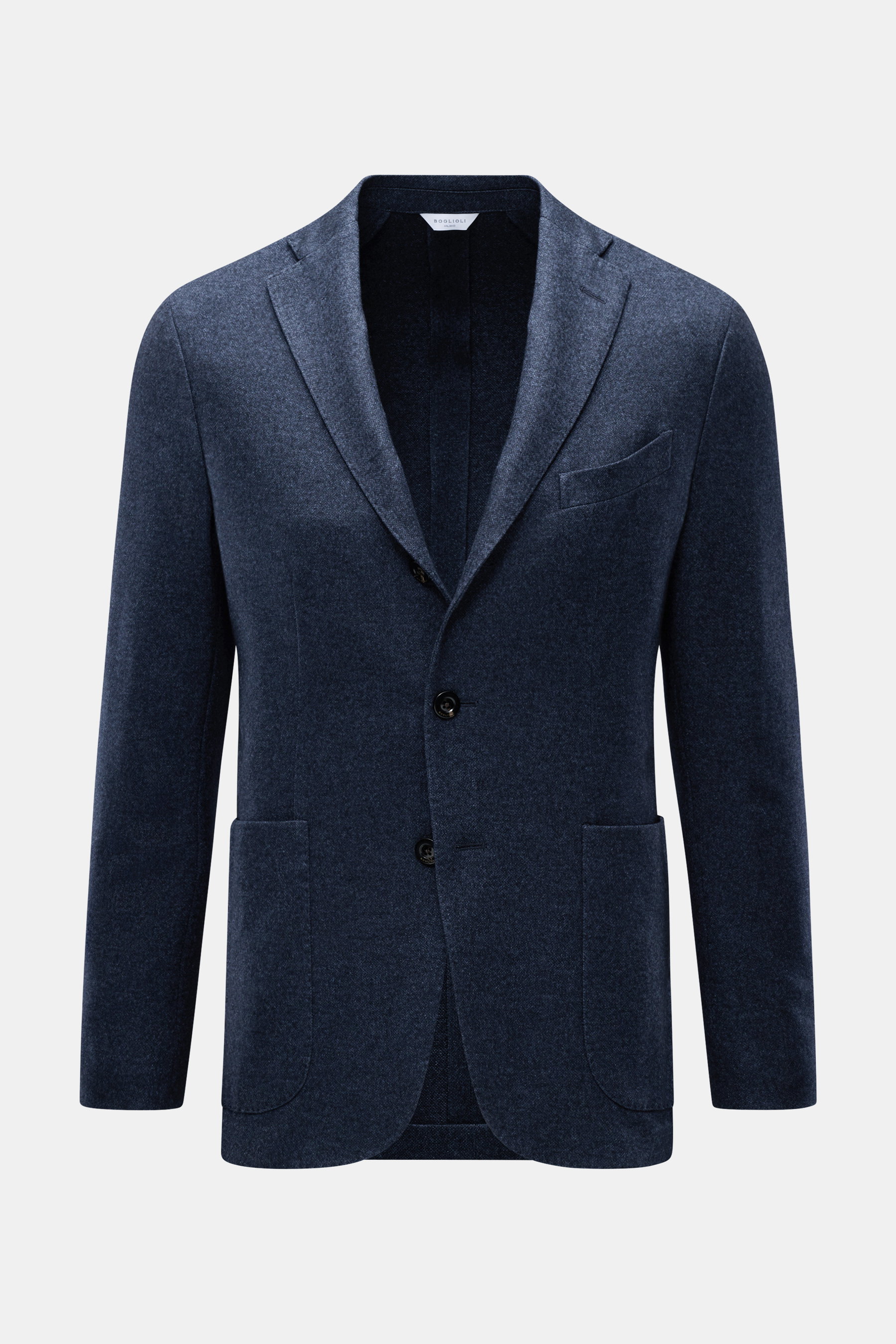 Front view of Boglioli Knit Blazer Navy Melange in navy melange, slim fit with notched lapel, two-button closure, patch hip pockets.

<p>Exquisite knit blazer by BOGLIOLI: Crafted from a luxurious silk-cashmere blend with a refined knit texture, this piec
