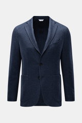 Frontale Nahaufnahme des Boglioli Strickblazer navy meliert aus Seide-Cashmere-Mix mit Slim Fit, weichem Griff, feinem Strickbild und Zwei-Knopf-Stil.