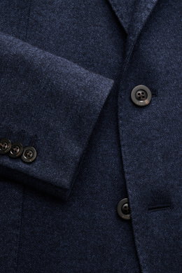 Boglioli Strickblazer navy meliert aus Seide-Cashmere, Detailaufnahme von vorne, feines Strickbild, Slim Fit, Knöpfe mit Logo.