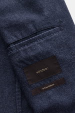 Windsor Sakko 'Manolo' graublau, Detailaufnahme der Innentasche und Wolle-Seide-Gewebe mit Label, Nahaufnahme, Unconstructed Design.