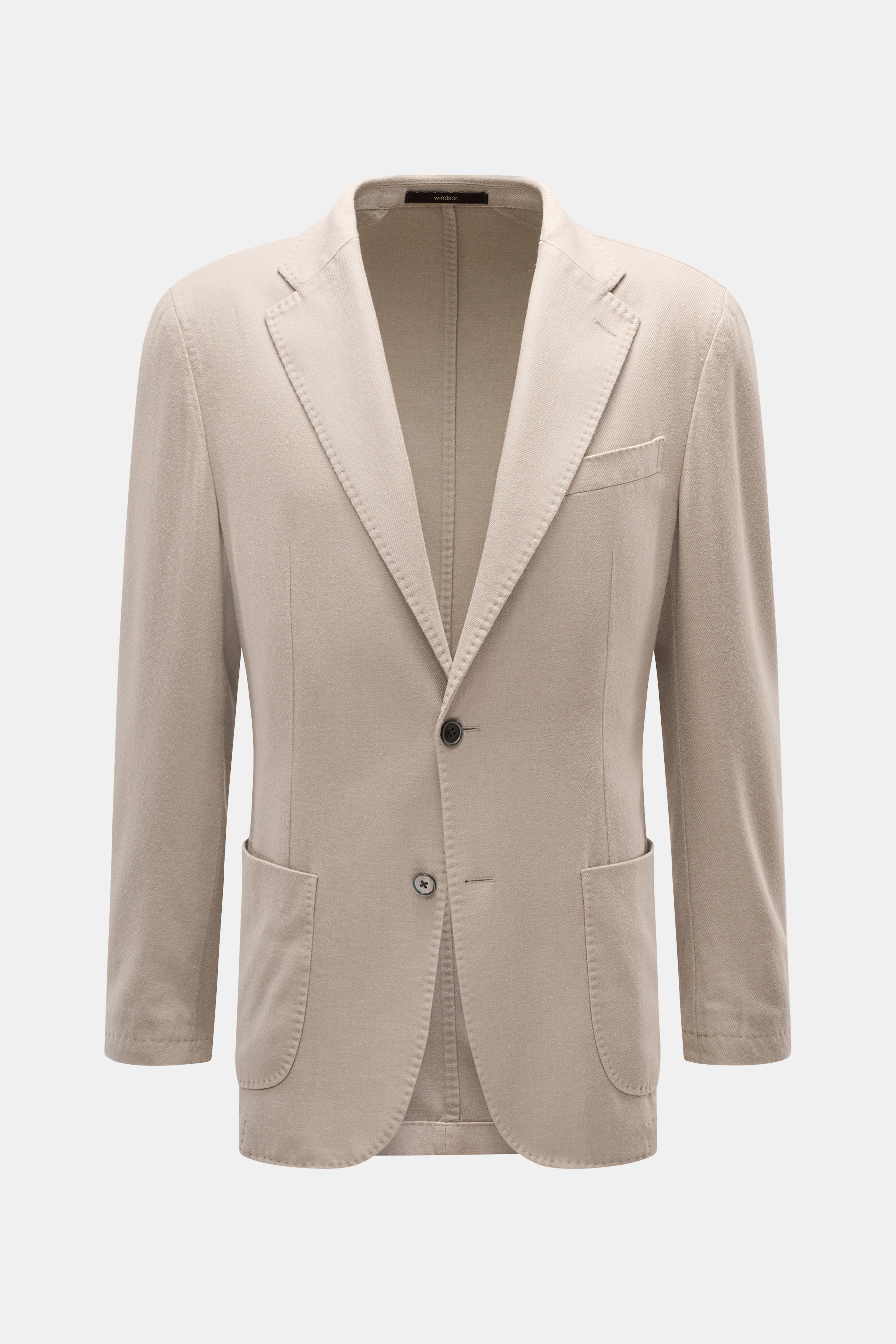 Windsor Blazer 'Manolo' beige shown from the front, fine wool and silk fabric, slim fit, notched lapel, two-button style, classic breast pocket, hip flap pockets, kissing buttons, rear side vents, unconstructed design, two inside pockets; for a confident 