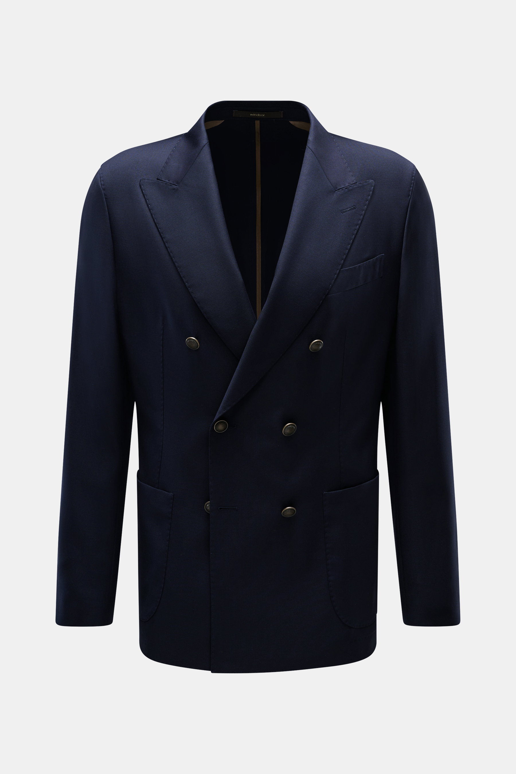 Windsor Merino Blazer 'Salernos' navy shown from the front, double-breasted three-button style, peak lapel, classic breast pocket, patch hip pockets, unconstructed design. Pure merino wool, soft touch, slim fit, kissing buttons, rear side vents, two inner