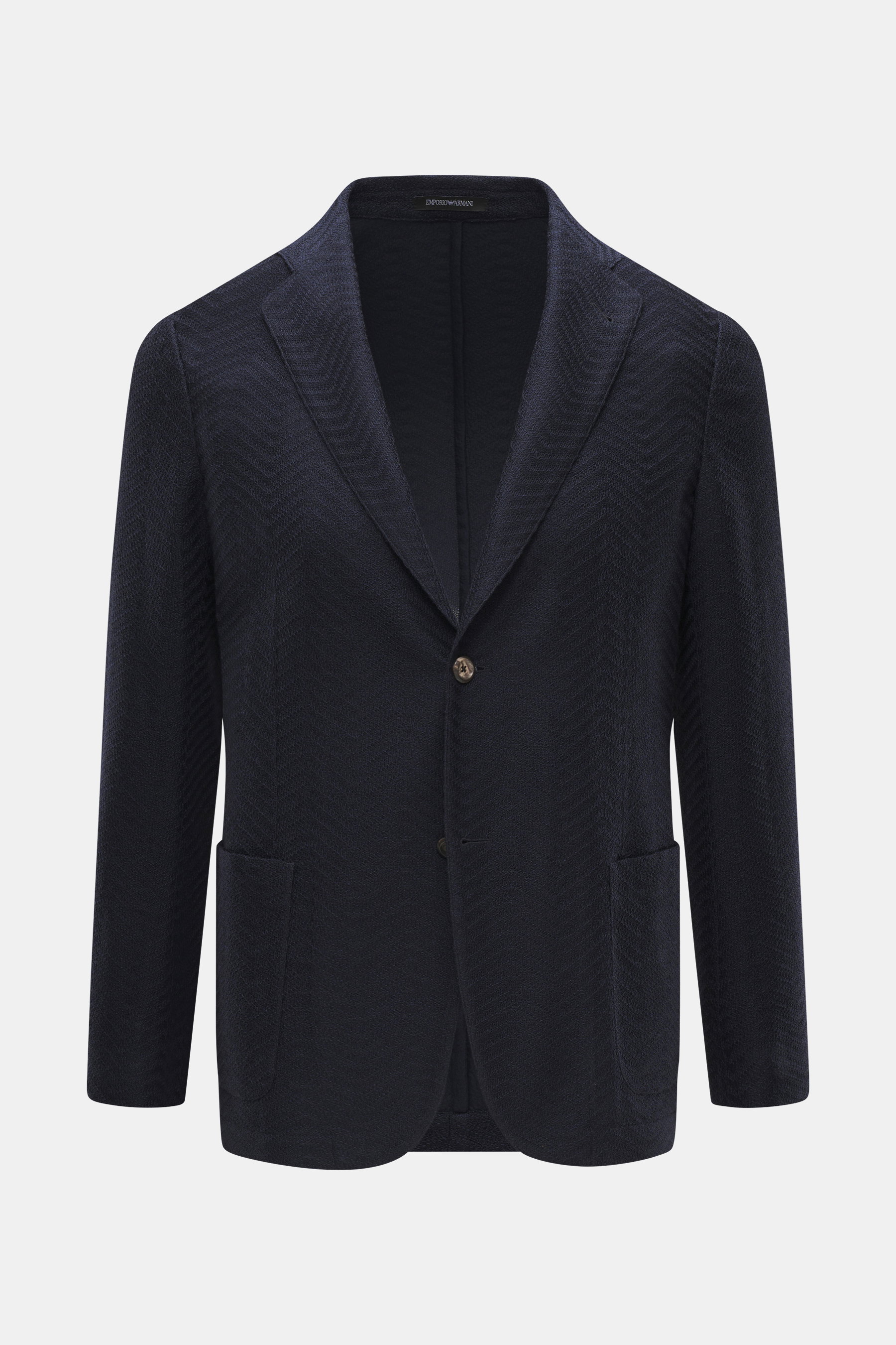 Front view of Emporio Armani Strickblazer navy blazer in slim fit, pure virgin wool with tonal herringbone pattern, two-button style, patch hip pockets, and unconstructed design for comfort and Italian style.