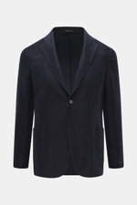 Front view of Emporio Armani Knitted blazer navy in slim fit with tonal herringbone pattern, notched lapel, two-button style, and patch hip pockets.

Description: 
<p>Noble piece with a twist by EMPORIO ARMANI: With this blazer made of fine structured kni
