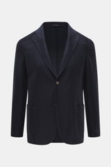 Front view of Emporio Armani Knitted blazer navy in slim fit with tonal herringbone pattern, notched lapel, two-button style, and patch hip pockets.

Description: 
<p>Noble piece with a twist by EMPORIO ARMANI: With this blazer made of fine structured kni