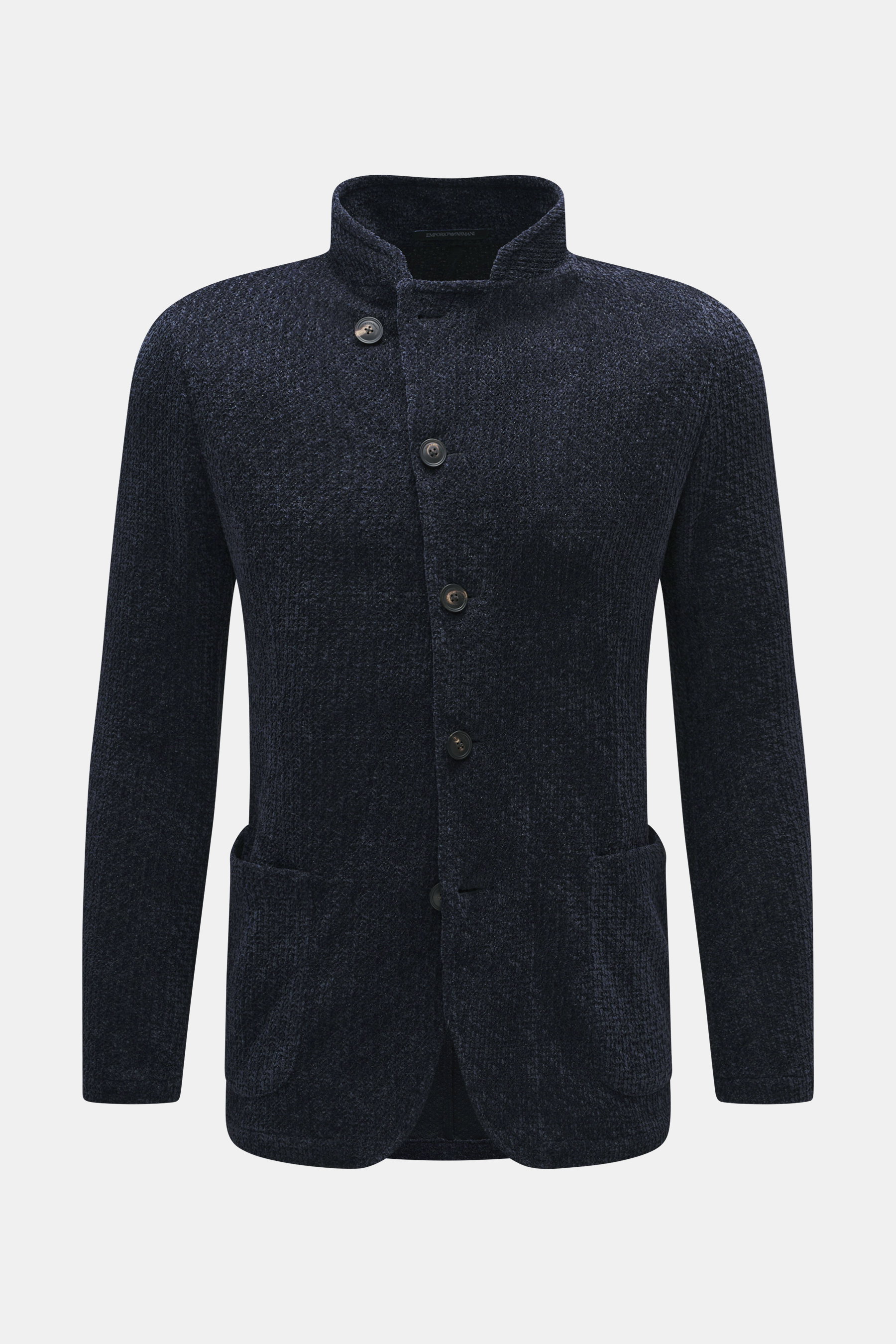 Front view of Emporio Armani Knitted blazer navy, chenille microfiber with slightly textured feel, regular fit, draped lapel, five-button style, patch front pockets, unconstructed design.