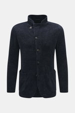 Front view of Emporio Armani Knitted blazer navy, chenille microfiber with slightly textured feel, regular fit, draped lapel, five-button style, patch front pockets, unconstructed design.