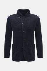 Front view of Emporio Armani Knitted blazer navy, chenille microfiber with slightly textured feel, regular fit, draped lapel, five-button style, patch front pockets, unconstructed design.