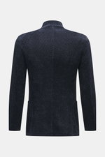 Emporio Armani Knitted blazer navy shown from the back, chenille microfiber, slightly textured feel, regular fit, draped lapel, five-button style, patch front pockets, unconstructed design.