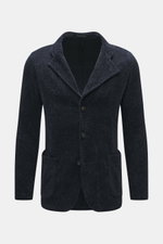 Front view of Emporio Armani Knitted blazer navy, chenille microfiber with slightly textured feel, regular fit, draped lapel, five-button style, patch front pockets, unconstructed design.