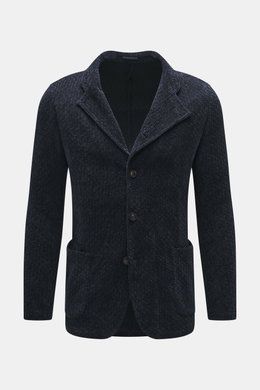 Front view of Emporio Armani Knitted blazer navy, chenille microfiber with slightly textured feel, regular fit, draped lapel, five-button style, patch front pockets, unconstructed design.