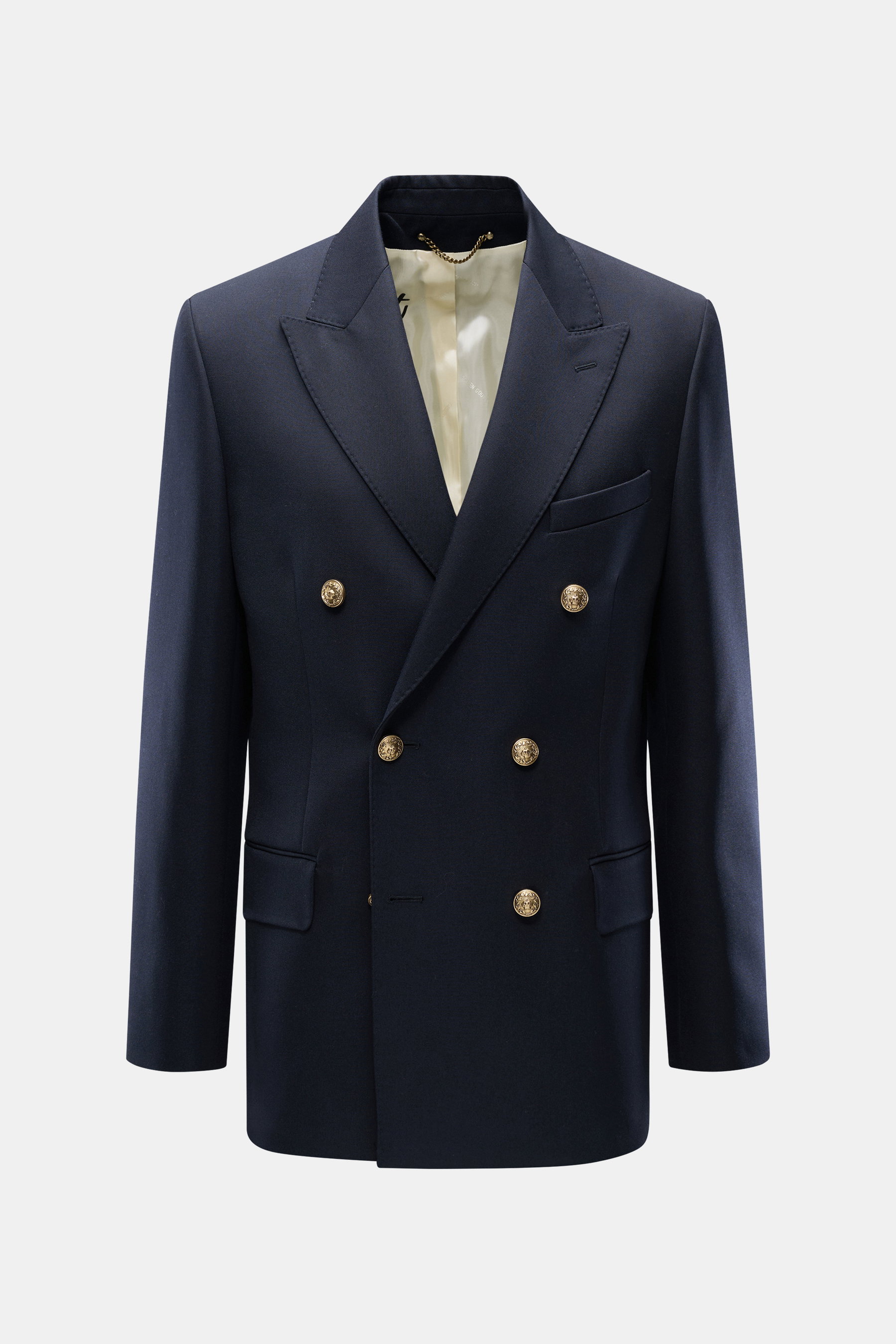 Front view of the Golden Goose Sakko 'Dave' schwarz, a slim fit double-breasted blazer in black wool gabardine with peak lapels, gold buttons, chest pocket, flap hip pockets, and printed branded lining.
