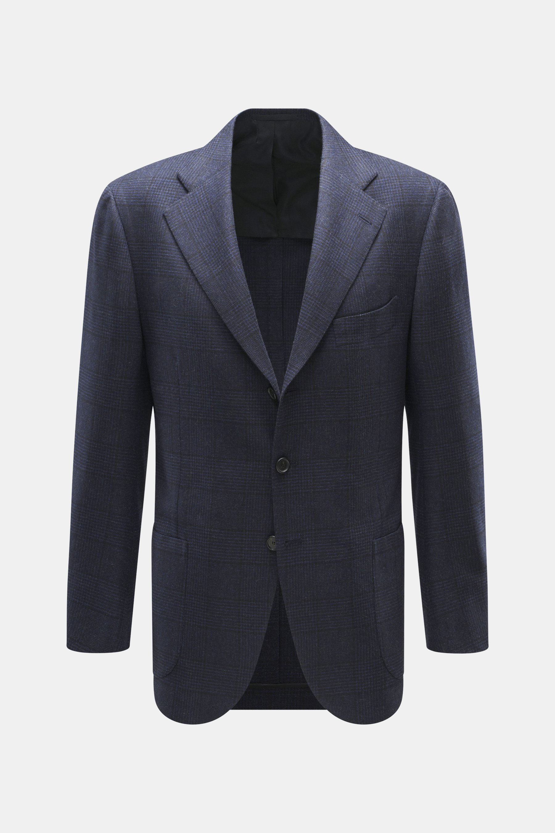 Cesare Attolini Sakko navy/schwarz kariert, frontal fotografiert, Slim Fit, Mix aus Wolle und Cashmere, weicher Griff, Glencheck-Muster, taillierter Drei-Knopf-Stil, fallendes Revers, Brusttasche, aufgesetzte Hüfttaschen, Ärmelabschlüsse unfertig, rückwär