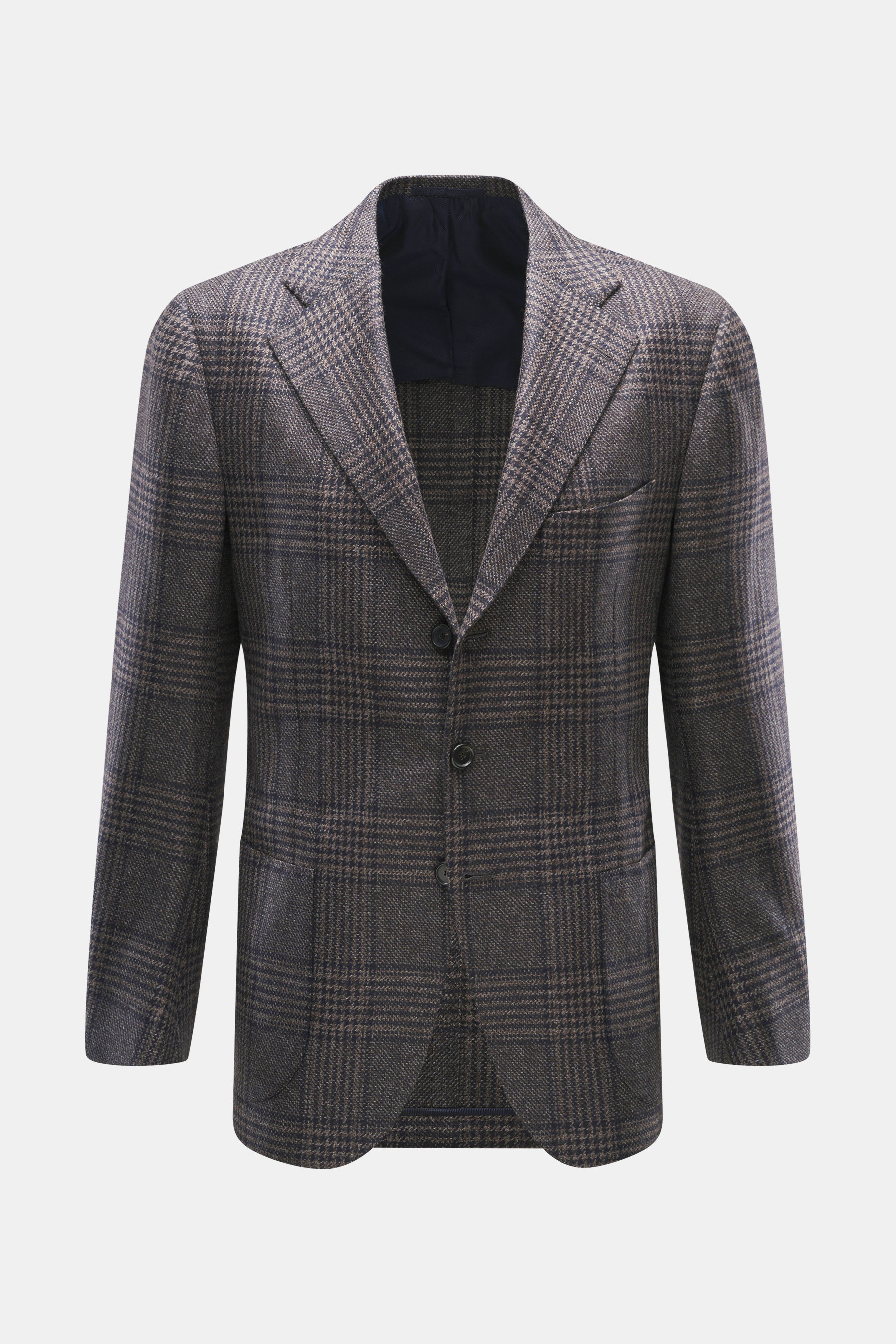 Cesare Attolini Cashmere Blazer taupe/dark brown checked, front view, slim fit, tailored three-button, notched lapel, Glencheck pattern, pure cashmere.