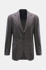 Cesare Attolini Cashmere Blazer taupe/dark brown checked, front view, slim fit, tailored three-button, notched lapel, Glencheck pattern, pure cashmere.