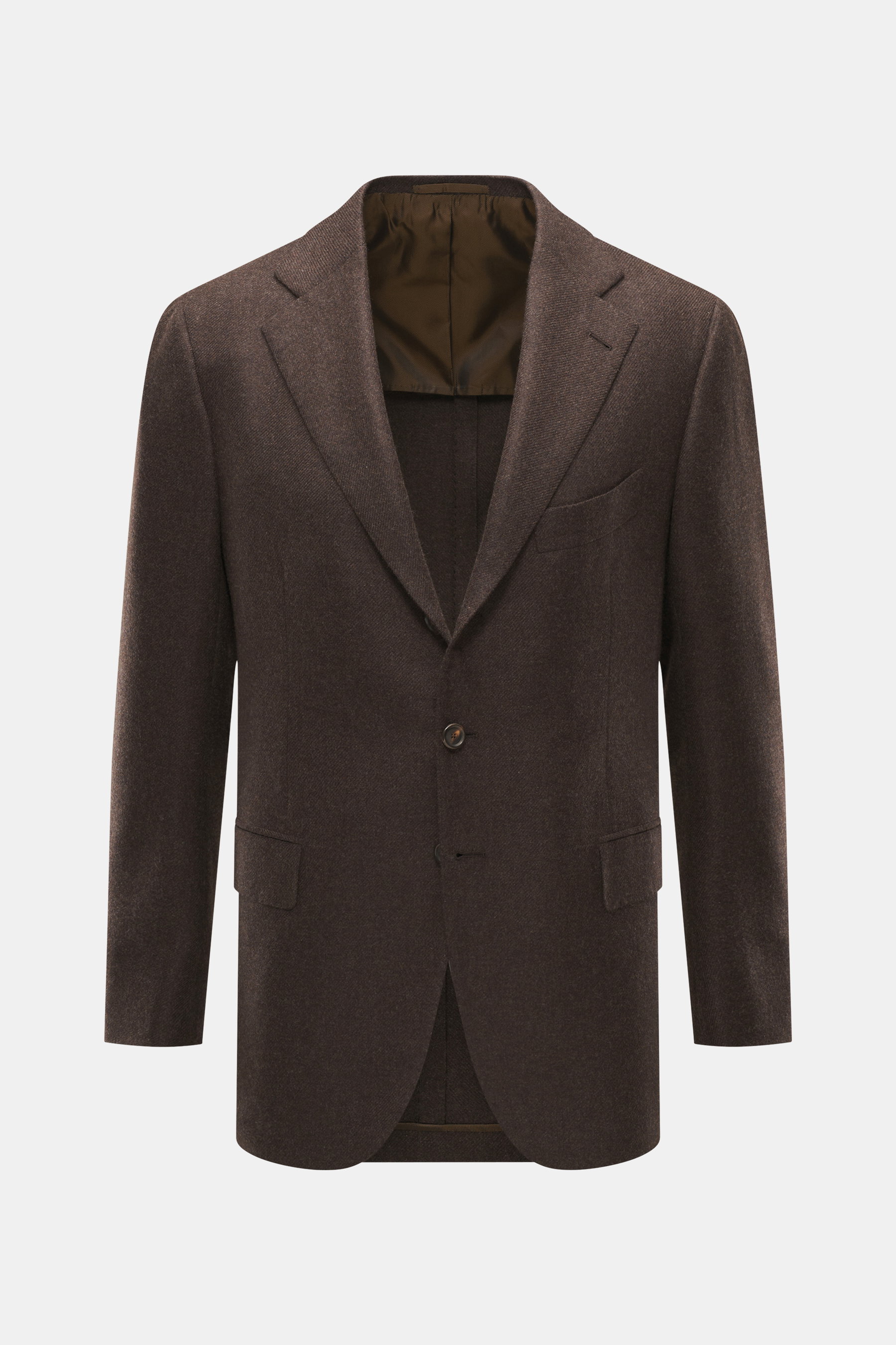 Front view of Cesare Attolini Cashmere Blazer Dark Brown Mélange, slim fit, notched lapel, three-button style, classic breast pocket, hip pockets with flap, unfinished sleeve ends, rear side vents, half-lined, three inner pockets, made in Italy from pure,