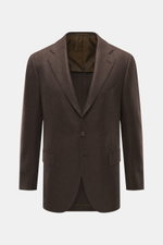 Front view of Cesare Attolini Cashmere Blazer Dark Brown Mélange, slim fit, notched lapel, three-button style, classic breast pocket, hip pockets with flap, unfinished sleeve ends, rear side vents, half-lined, three inner pockets, made in Italy from pure,