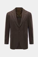 Front view of Cesare Attolini Cashmere Blazer Dark Brown Mélange, slim fit, notched lapel, three-button style, classic breast pocket, hip pockets with flap, unfinished sleeve ends, rear side vents, half-lined, three inner pockets, made in Italy from pure,