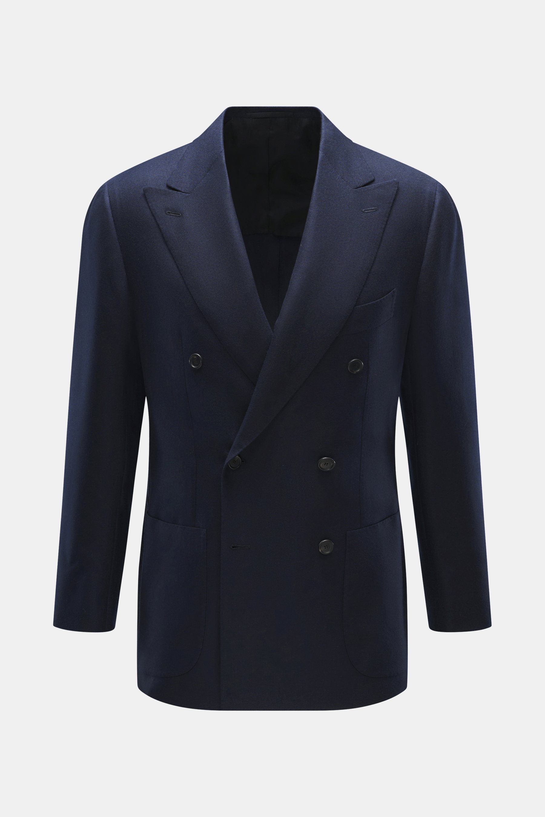 Cesare Attolini Cashmere Blazer navy shown from the front, double-breasted slim fit in pure cashmere, notched lapel, breast and patch hip pockets, unfinished cuffs. Treat yourself to luxury with CESARE ATTOLINI: This double-breasted blazer was made in Ita
