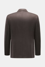 Belvest Cashmere blazer dark brown shown from the back, pure cashmere, very soft feel, tonal herringbone weave, slim fit, tailored two-button style, notched lapel with brand pin, classic breast pocket, hip pockets with flap, unfinished sleeve cuffs, rear 