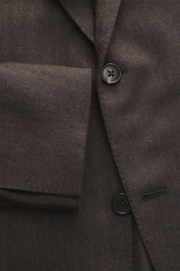 Close-up front view of the Belvest Cashmere blazer dark brown showing pure cashmere with a very soft feel, tonal herringbone weave pattern, slim fit, tailored two-button style, notched lapel with brand-typical pin, classic breast pocket, hip pockets with 