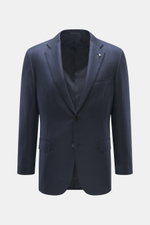 Front-facing view of Belvest Cashmere blazer navy featuring pure cashmere, very soft feel, tonal herringbone weave pattern, slim fit, tailored two-button style, notched lapel with brand-typical pin, classic breast pocket, hip pockets with flap, unfinished