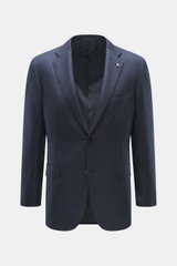 Front-facing view of Belvest Cashmere blazer navy featuring pure cashmere, very soft feel, tonal herringbone weave pattern, slim fit, tailored two-button style, notched lapel with brand-typical pin, classic breast pocket, hip pockets with flap, unfinished