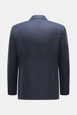 Belvest Cashmere blazer navy shown from the back, pure cashmere, very soft feel, tonal herringbone weave, slim fit, tailored two-button style, notched lapel with brand pin, classic breast pocket, hip pockets with flap, unfinished sleeve cuffs, rear side v