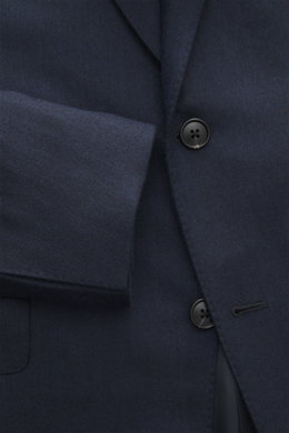 Close-up front view of the Belvest Cashmere blazer navy, showcasing pure cashmere, very soft feel, tonal herringbone weave pattern, slim fit, tailored two-button style, notched lapel with brand-typical pin, classic breast pocket, hip pockets with flap, un