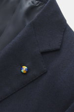 Belvest Cashmere blazer navy shown from a close-up front angle, featuring pure cashmere, very soft feel, tonal herringbone weave, slim fit, tailored two-button style, notched lapel with brand-typical pin, classic breast pocket, hip pockets with flap, unfi