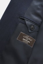 Close-up view of the interior and fabric of the Belvest Cashmere blazer navy, showing pure cashmere, very soft feel, tonal herringbone weave, slim fit, tailored two-button style, notched lapel, brand-typical pin on lapel, classic breast pocket, hip pocket