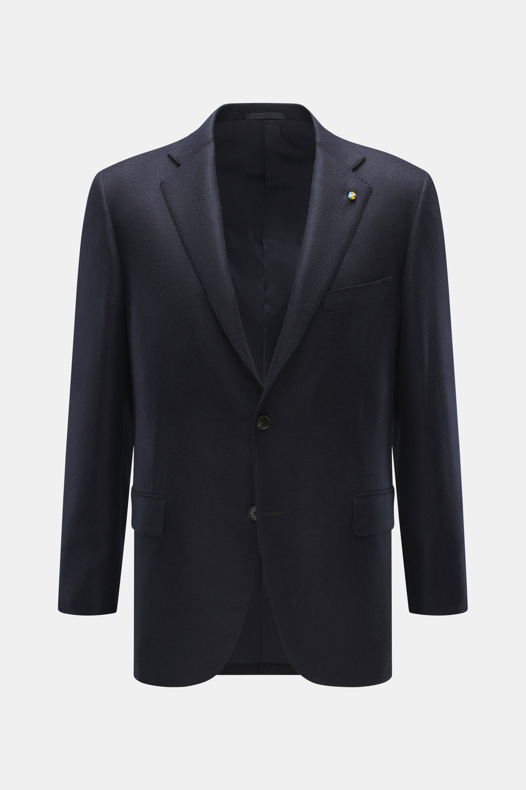 Belvest Cashmere Blazer navy shown from front, slim fit pure cashmere with soft feel, tailored two-button style, notched lapel, brand pin, breast pocket, hip flap pockets, unfinished cuffs, rear vents, smooth lining, four inner pockets.