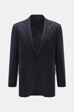 Belvest Cashmere Blazer navy shown from front, slim fit pure cashmere with soft feel, tailored two-button style, notched lapel, brand pin, breast pocket, hip flap pockets, unfinished cuffs, rear vents, smooth lining, four inner pockets.
