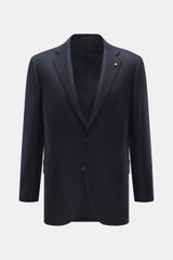 Belvest Cashmere Blazer navy shown from front, slim fit pure cashmere with soft feel, tailored two-button style, notched lapel, brand pin, breast pocket, hip flap pockets, unfinished cuffs, rear vents, smooth lining, four inner pockets.