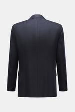 Belvest Cashmere Blazer navy shown from the back, pure cashmere, soft feel, Slim Fit, tailored two-button style, notched lapel, brand pin, breast pocket, hip flap pockets, unfinished sleeve cuffs, rear side vents, smooth lining, four inner pockets.