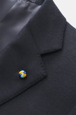 Close-up angled view of Belvest Cashmere Blazer navy collar and lapel showing pure cashmere, soft feel, slim fit, tailored two-button style, notched lapel with brand-typical pin, classic breast pocket, hip pockets with flap, unfinished sleeve cuffs, rear 