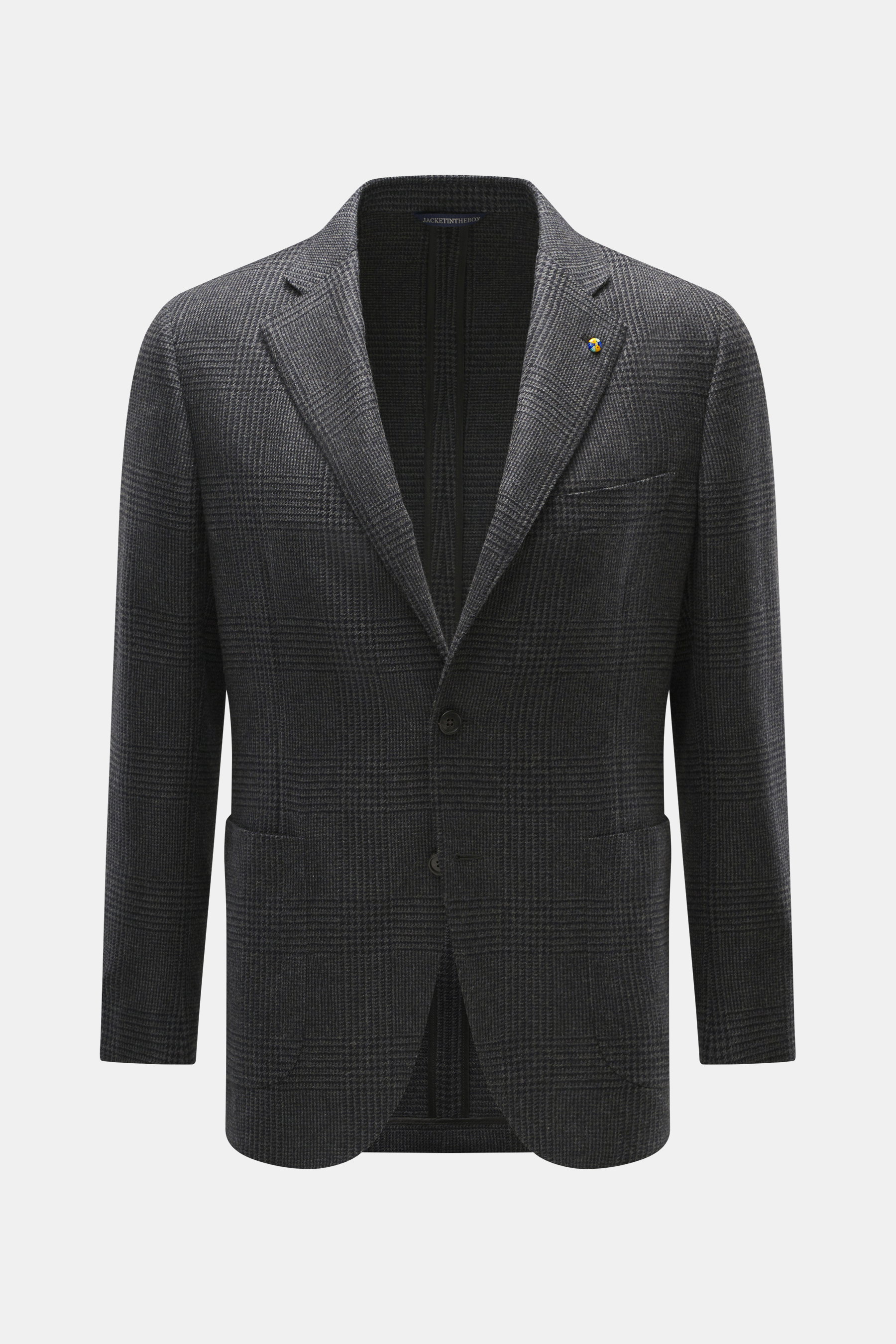 Belvest Cashmere Blazer gray/anthracite checkered shown from the front, tailored two-button style with notch lapel, classic breast pocket, patch hip pockets, rear vents, and soft cashmere fabric. Super soft material quality combines BELVEST in this blazer