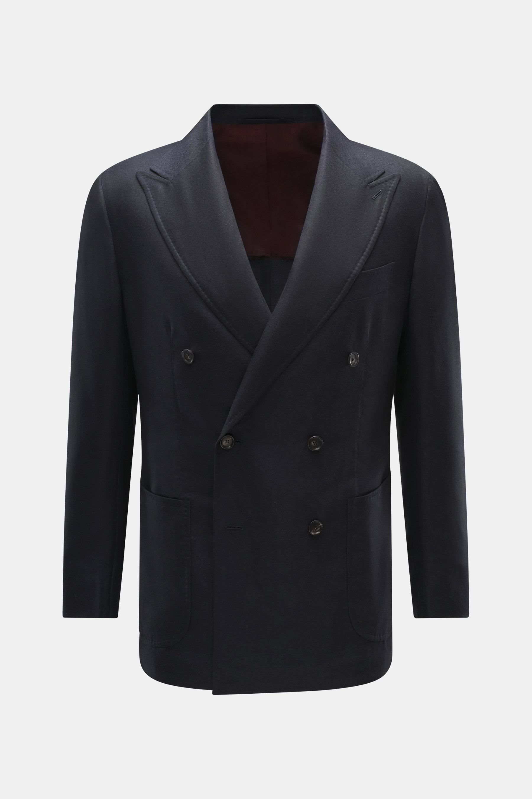 Front view of Stile Latino Cashmere Blazer 'Leo' navy, a double-breasted slim fit with peak lapel, patch hip pockets, and classic breast pocket, crafted from pure cashmere with a smooth feel. Sleeve cuffs are unfinished, featuring rear side vents, half-li