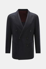 Front view of Stile Latino Cashmere Blazer 'Leo' navy, a double-breasted slim fit with peak lapel, patch hip pockets, and classic breast pocket, crafted from pure cashmere with a smooth feel. Sleeve cuffs are unfinished, featuring rear side vents, half-li