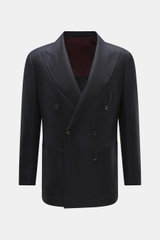 Front view of Stile Latino Cashmere Blazer 'Leo' navy, a double-breasted slim fit with peak lapel, patch hip pockets, and classic breast pocket, crafted from pure cashmere with a smooth feel. Sleeve cuffs are unfinished, featuring rear side vents, half-li