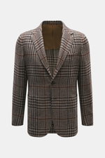 Front view of Stile Latino Blazer 'Vincenzo' taupe/black checkered in wool-alpaca-silk blend, slim fit, three-button, notched lapel, breast and patch pockets, unfinished cuffs, rear vents, half lined with three inner pockets. Classic Italian character wit