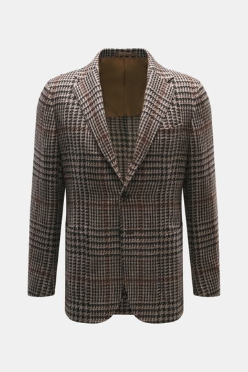 Front view of Stile Latino Blazer 'Vincenzo' taupe/black checkered in wool-alpaca-silk blend, slim fit, three-button, notched lapel, breast and patch pockets, unfinished cuffs, rear vents, half lined with three inner pockets. Classic Italian character wit