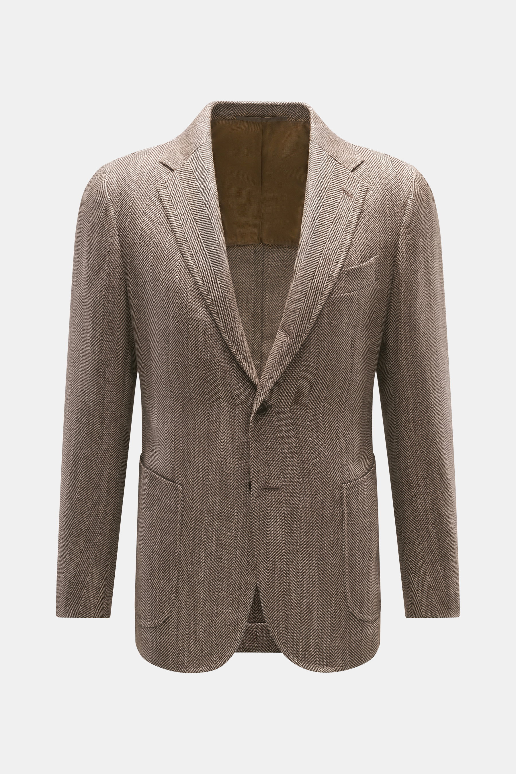 Frontal fotografiertes Stile Latino Sakko 'Vincenzo' beige/dunkelbraun gemustert mit Herringbone-Webmuster, Slim Fit, drei Knöpfen und weichem Griff.