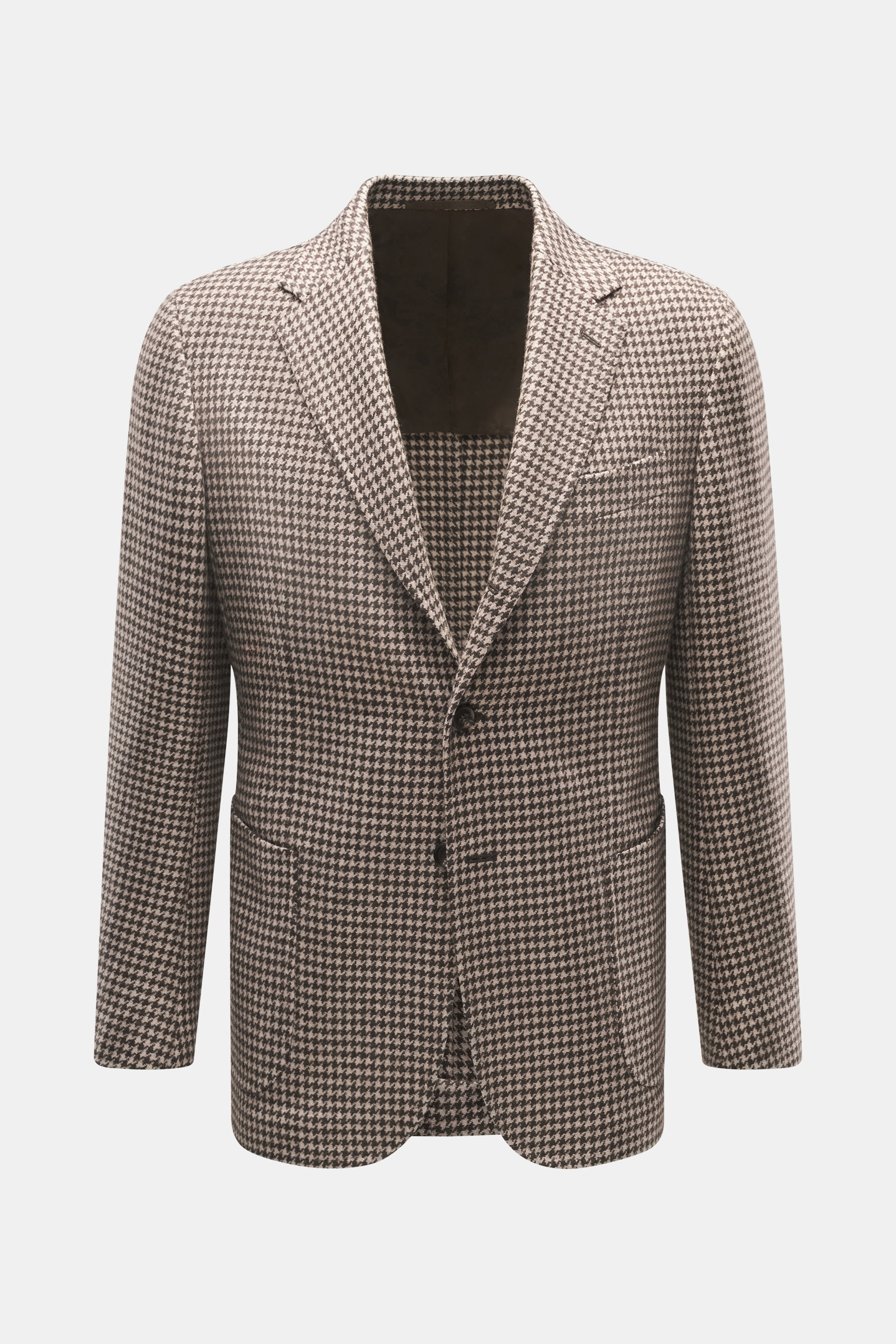 Frontansicht des Stile Latino Sakko 'Vincenzo' beige/dunkelbraun gemustert mit edlem Hahnentritt, Slim Fit, drei Knöpfen, fallendem Revers und Brusttasche.