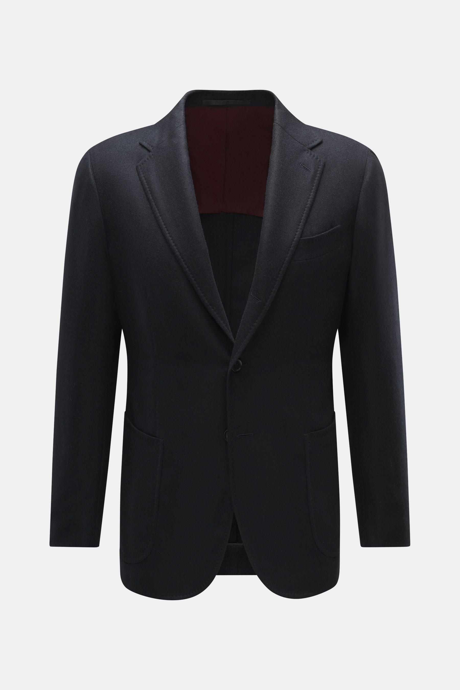Front view of Stile Latino Blazer 'Vincenzo' dark navy melange, a noble blazer made from a lambswool and cashmere blend. Features a soft touch, slim fit, tailored three-button style, notched lapel, classic breast pocket, patch hip pockets, unfinished slee