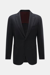 Front view of Stile Latino Blazer 'Vincenzo' dark navy melange, a noble blazer made from a lambswool and cashmere blend. Features a soft touch, slim fit, tailored three-button style, notched lapel, classic breast pocket, patch hip pockets, unfinished slee
