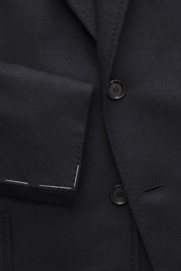 Stile Latino Sakko 'Vincenzo' dark navy meliert aus Lammwolle und Cashmere, Slim Fit, Nahaufnahme von Revers und Knöpfen, edler Luxus.